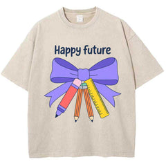 "HAPPY FUTURE" Minimalist School Bow T-Shirt